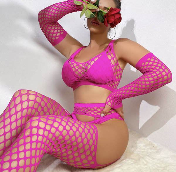 Wide-Net Fishnet 4-Piece Set with Crop Top, Cutout Bottom, Gloves & Thigh-Highs | Exotic Dancewear