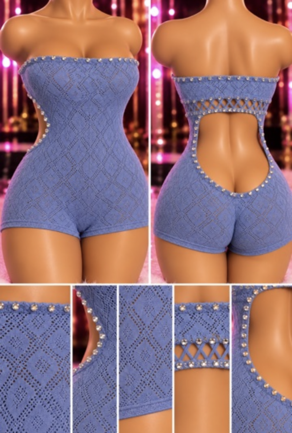 Midnight Ballerina’s Periwinkle Blue Crystal Cutout Romper | Handmade Rhinestone Exotic Dancewear