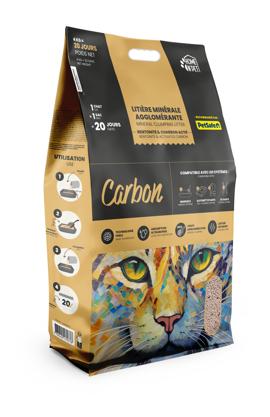 HOME N'PET LITIERE AGGLOMERANTE CARBON - 350% - 4KG HP6080