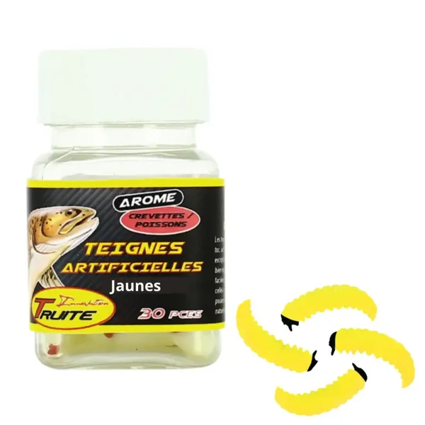 TRUITE INNOVATION TEIGNES ARTIFICIELLES JAUNE PAILLETE TETE NOIRE (POT DE 30 PCS)