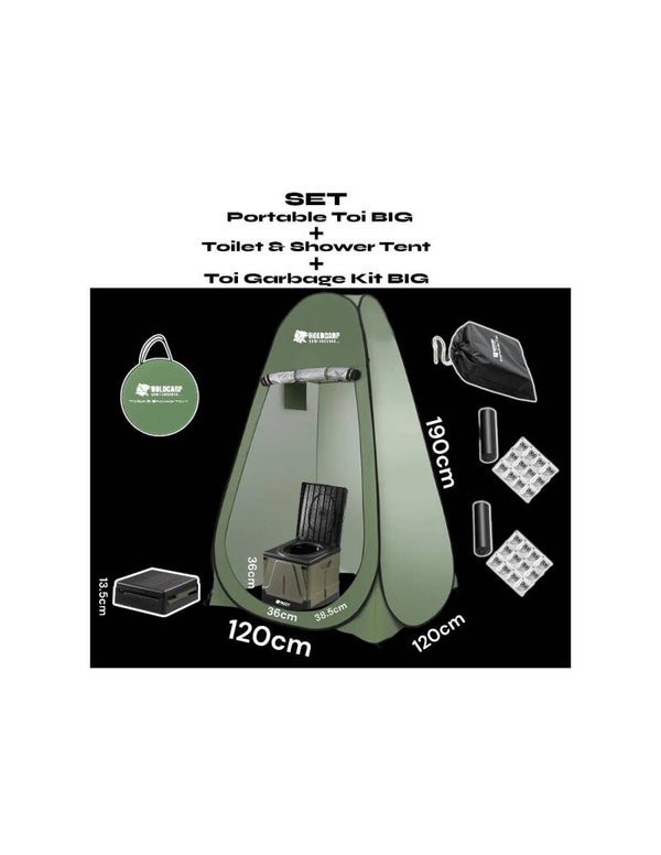 HOLDCARP SET TOILETTES PLIANTES PORTABLES GRANDE TAILLE + TENTE DE DOUCHE + KIT ACCESSOIRES DE REMPLACEMENT TOILETTES GRANDE TAILLE