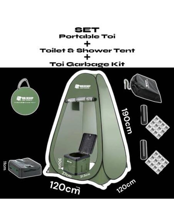 HOLDCARP SET - TOILETTES PLIANTES PORTABLES & TENTE DOUCHE & KIT DE DECHETS POUR TOILETTES