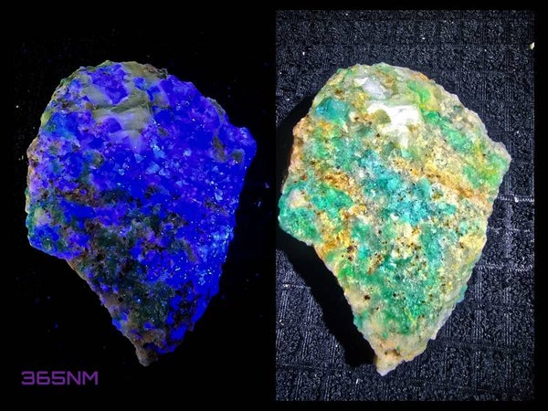 Smaragd groene Fluoriet met chrysocolla in kwarts. (Fluoriscerend)