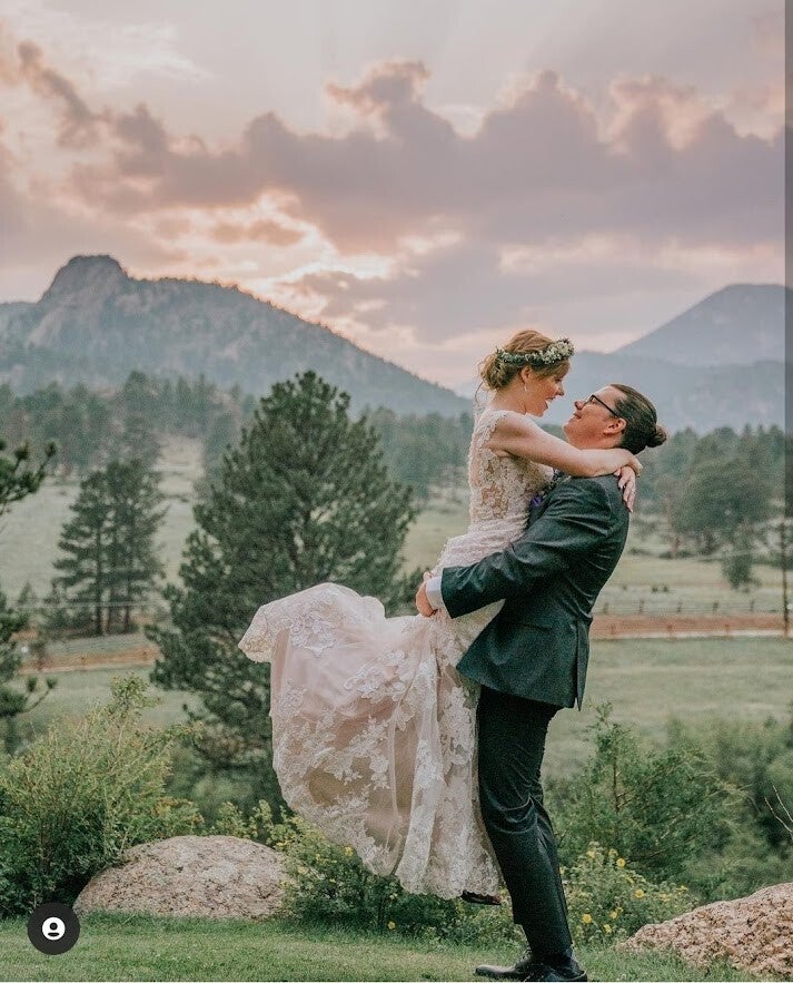 Bridal hair with flower crown and groom hair styling for Estes Park Colorado mountain wedding