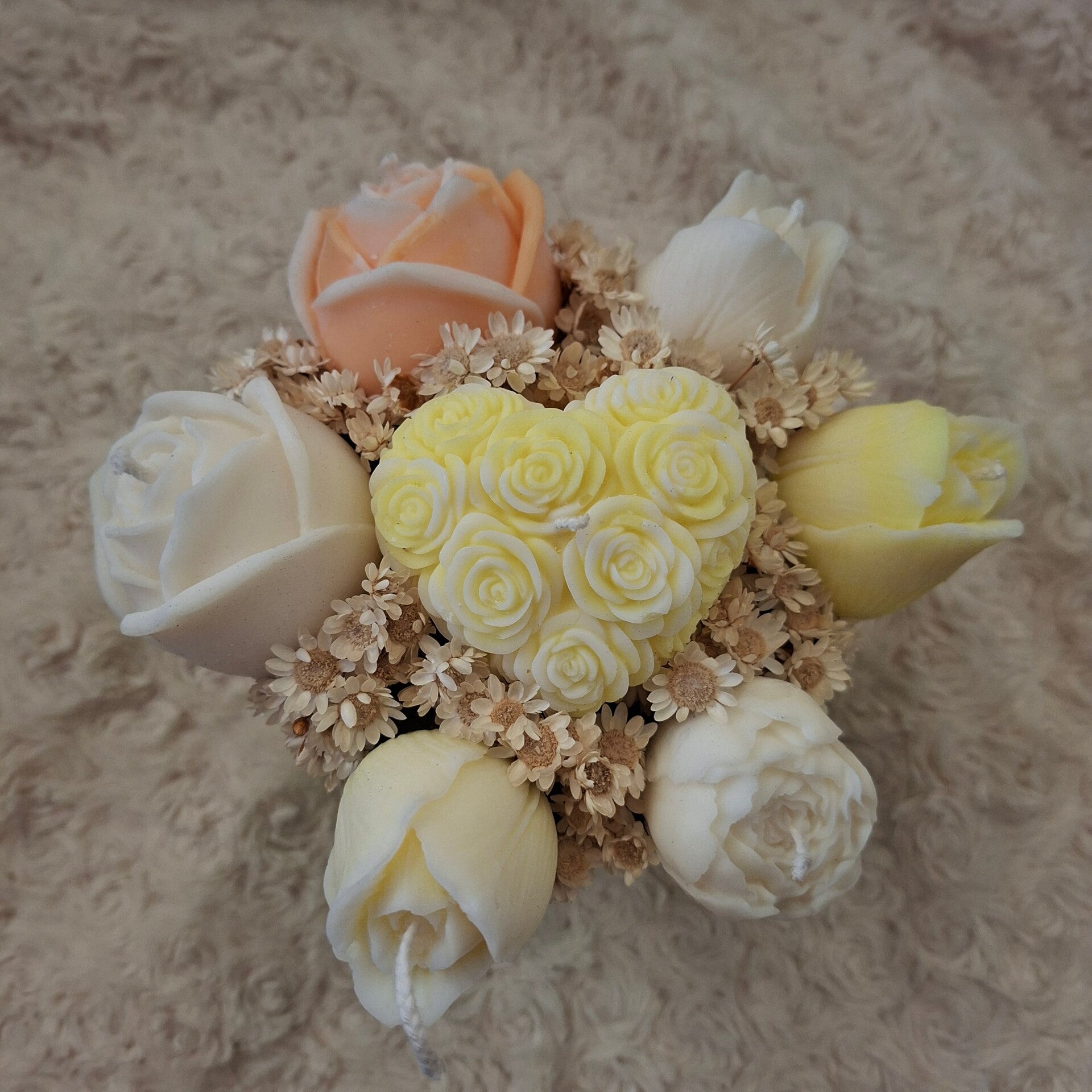 Kerzen-Blumenstrauss, weiss-gelb-orange