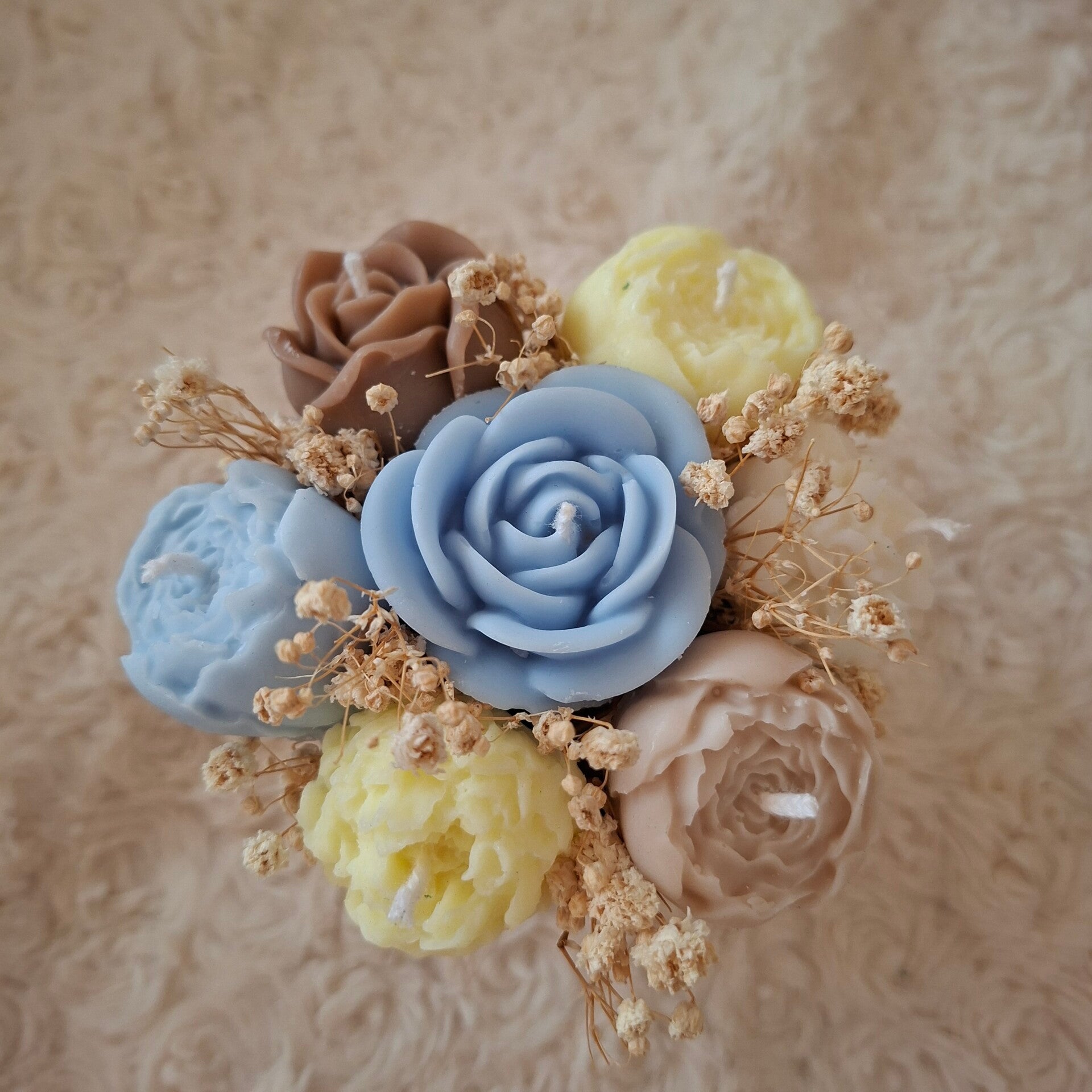 Kerzen-Blumenstrauss, blau-braun-gelb