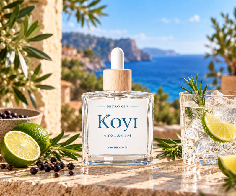 Koyi Micro Gin und Gin Tonic vor mediterraner Kulisse auf Mallorca