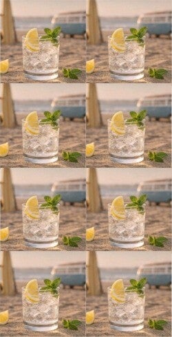 8 mal Koyi Gin Tonic am Strand mit VW Bus und Surfboard im Hintergrund