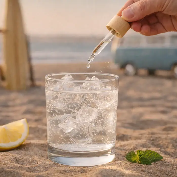 3-5 Dashes Micro Spirit  werden auf das gefüllte Glas mit Tonic gegeben.