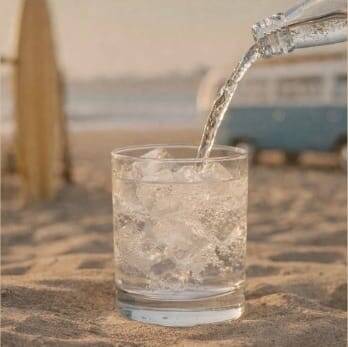 Glas wird mit Tonic Water befüllt am Strand