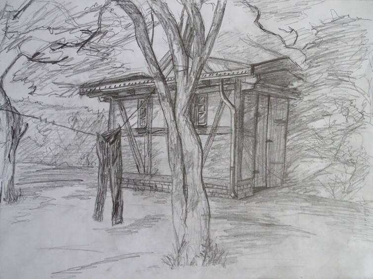 Eine Zeichnung, von Josi Saefkow. Es zeigt ein Gartenhäusschen und eine Hose auf einer Wäscheleine im Garten.