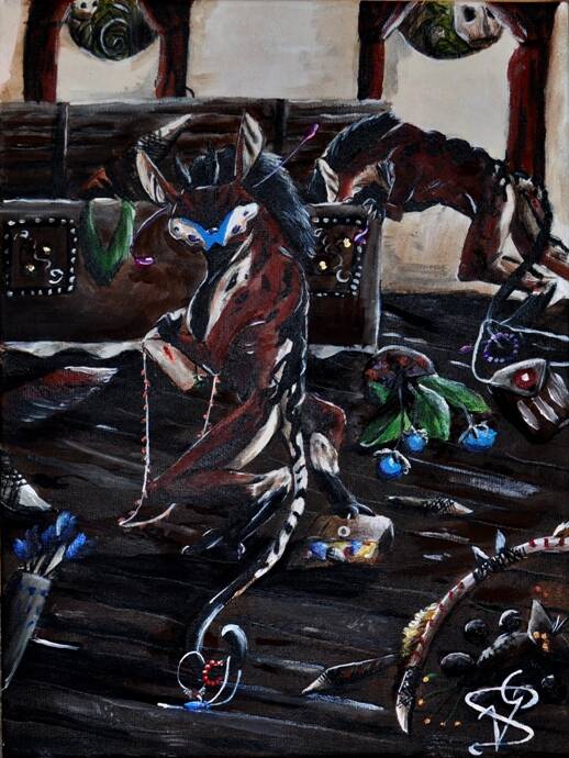 Acryl auf Leinwand, von Josi Saefkow. Es zeigt Alien-Kreaturen, die ein Haus nach Schmuck durchwühlen.