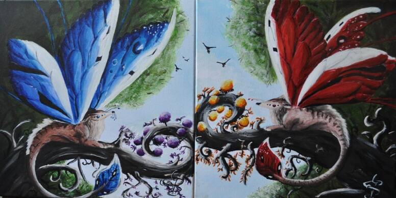 Acryl auf Leinwand, von Josi Saefkow. Es zeigt zwei niedliche Kreaturen mit Shmetterlingsflügeln und nur zwei Armen. 