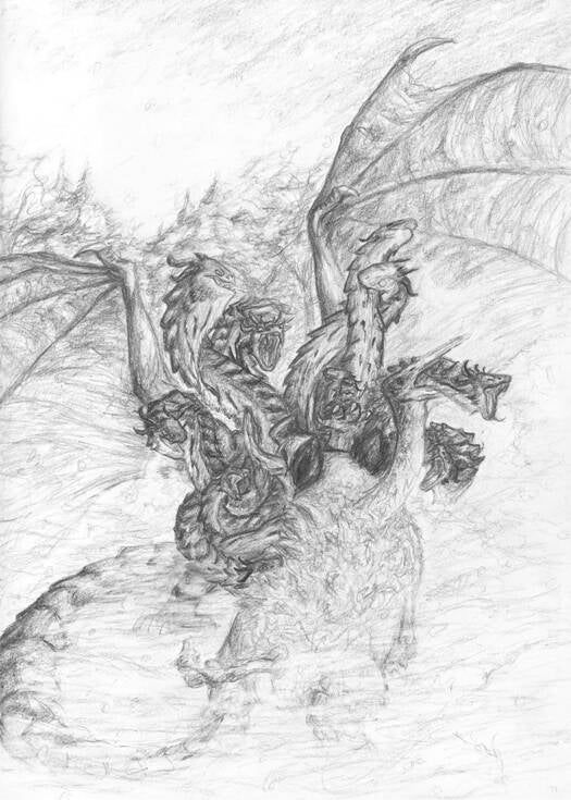 Ein Wildschwein kämpft im Schnee gegen eine Hydra. Illustration aus "Im Land der Vergessenen" von Josi Saefkow