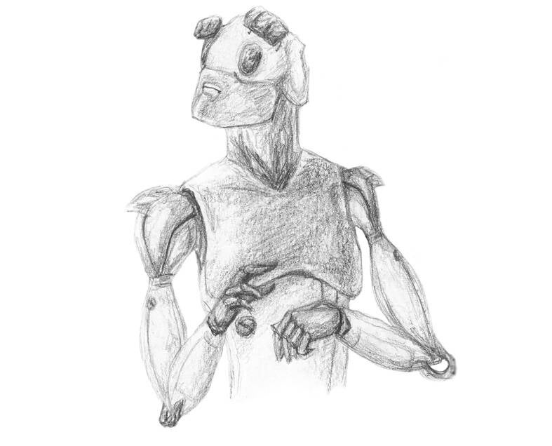 Ein alter Roboter erschreckt sich. Illustration aus "Im Land der Vergessenen" von Josi Saefkow