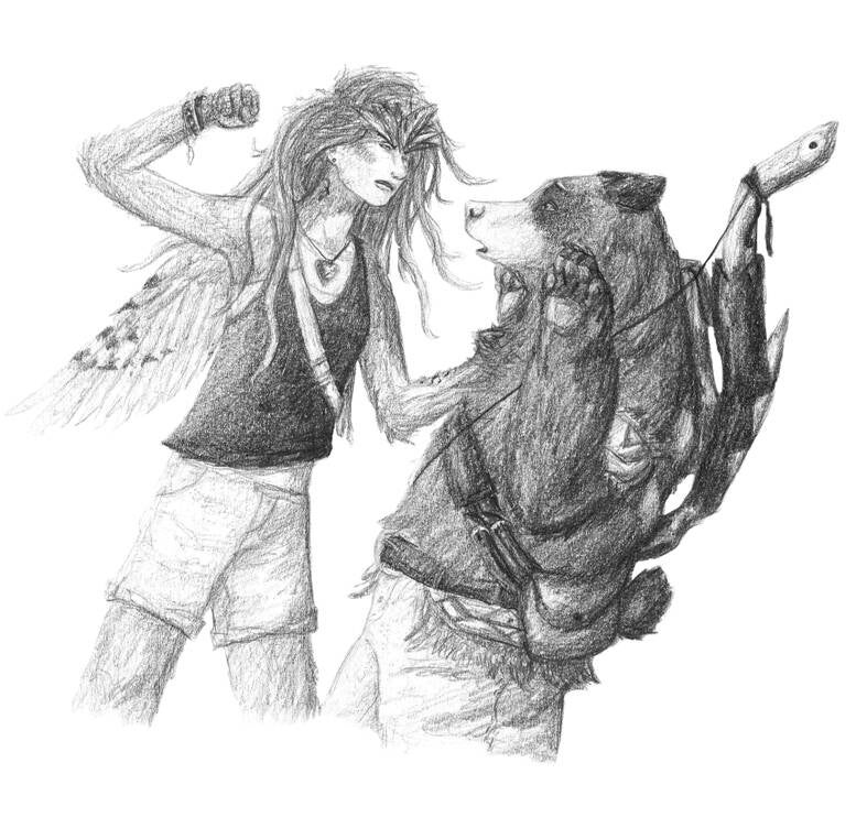 Eine junge Frau droht einem menschlichen Bären mit Schlägen. Illustration aus "Im Land der Vergessenen" von Josi Saefkow