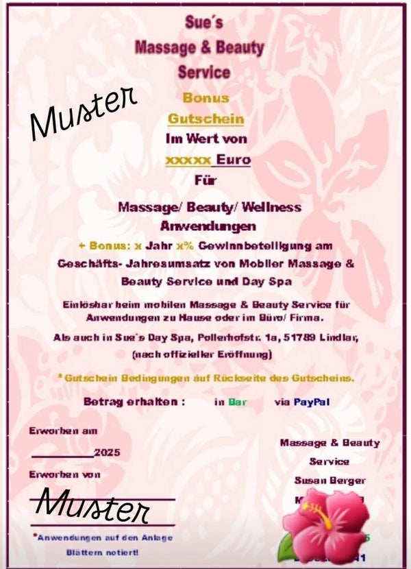 Bonus Gutschein Nr. 4                                                                                          Gutschein für Anwendungen Wert 4500,- Euro + Bonus 5% Gewinnbeteiligung am Geschäfts- Jahresumsatz