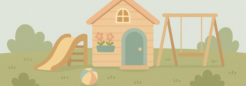 Afbeelding van een klein huisje met een schommel en glijbaan.