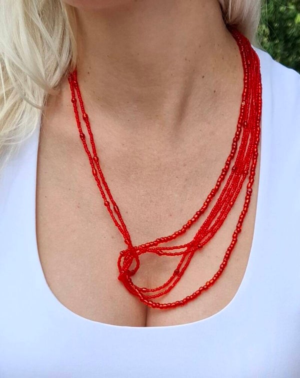 🔥 Amber Flame – Multi-Strand Glass Bead Necklace in Amber Red
