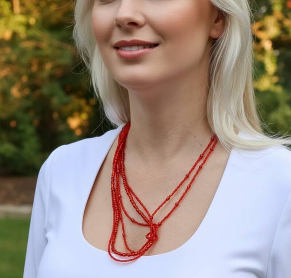🔥 Amber Flame – Multi-Strand Glass Bead Necklace in Amber Red