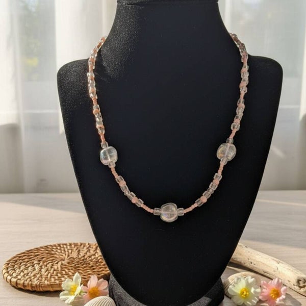 Elegant Apricot & Clear Glass Bead Necklace – Serenity