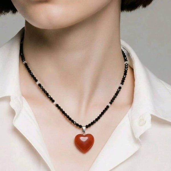 Black Beaded Necklace with Red Jasper Heart – Handmade Minimalist Jewelry Sirius