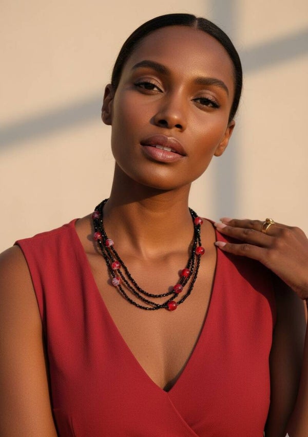 Black & Bold – Statement Necklace with Red & Black Glass Beads, Handmade