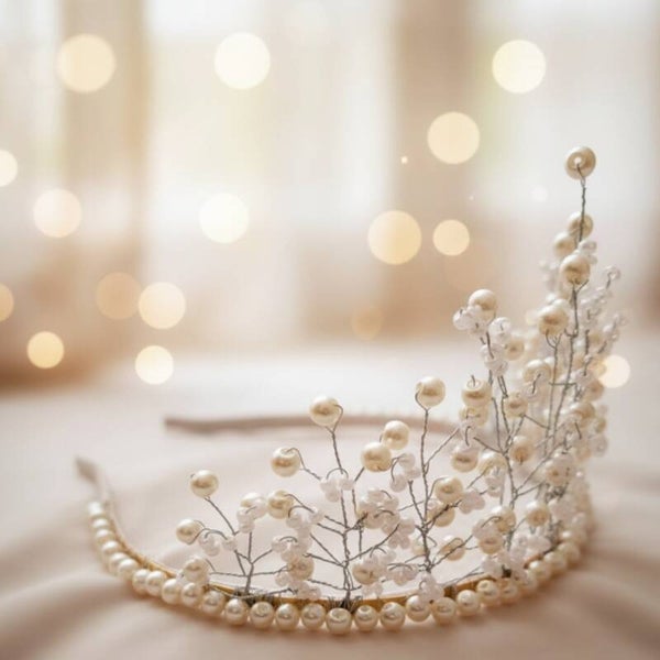 Handcrafted White Pearl Bridal Crown – White Grace