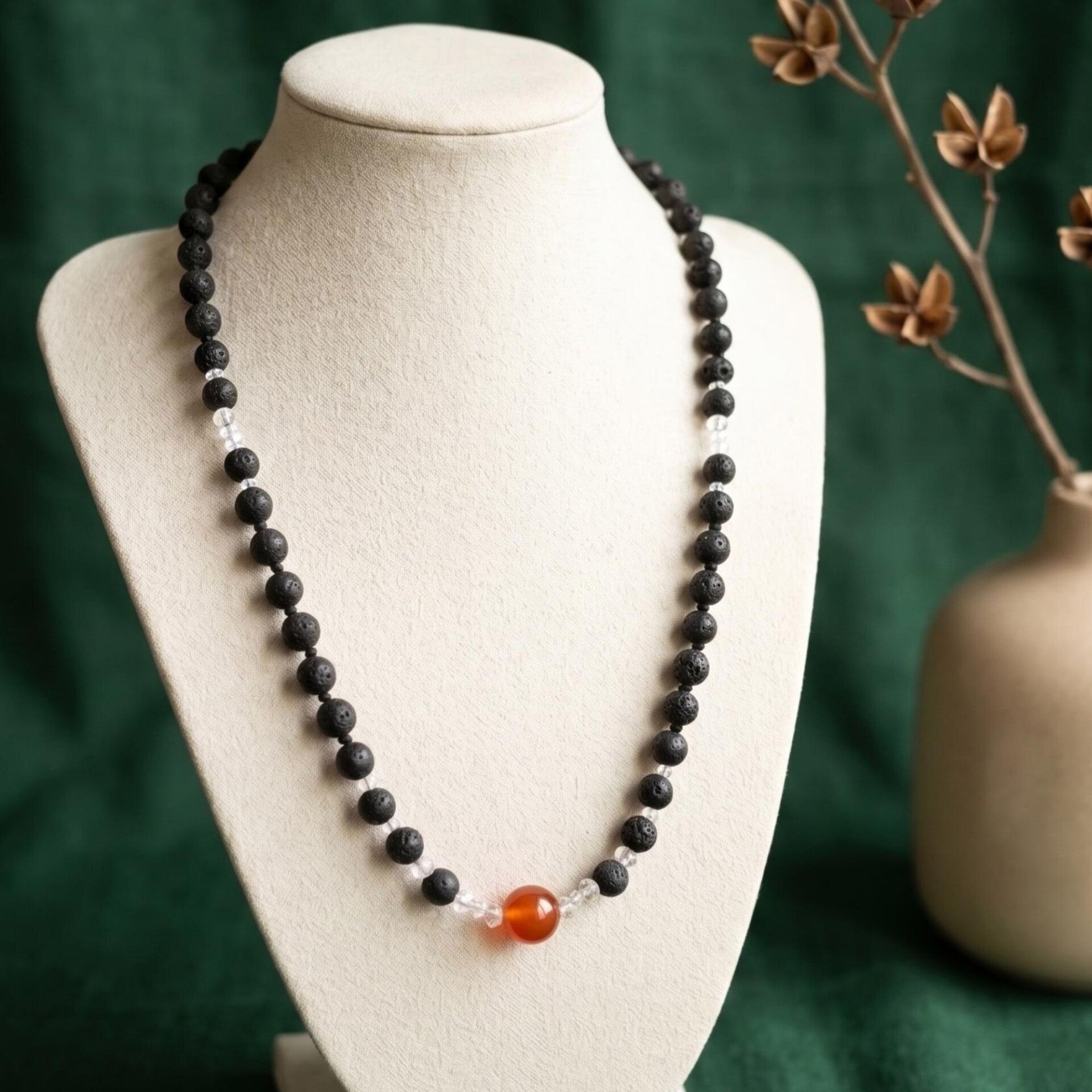 Black Lava Stone Necklace with Red Jasper – Minimalist Handmade Jewelry Luma