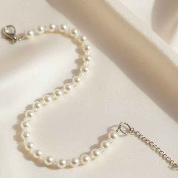 White Pearl Bracelet – Handmade Glass Pearl Jewelry with Extension Chain | Lyra