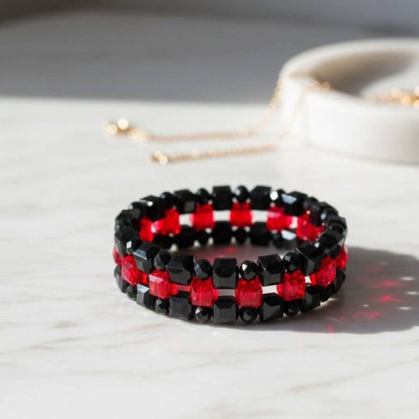 Handmade Black & Red Beaded Bracelet for Women – Midnight Ruby