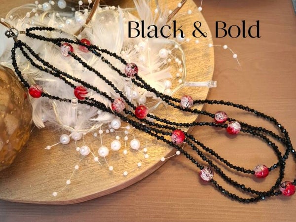 Black & Bold – Statement Necklace with Red & Black Glass Beads, Handmade