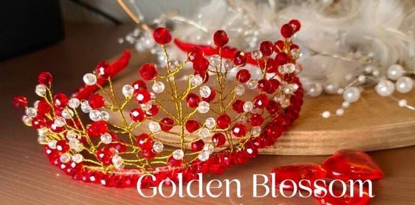 Golden Blossom Crown | Handmade Red & Gold Tiara | Bridal Headpiece | Wedding, Photoshoot & Special Occasion Accessory