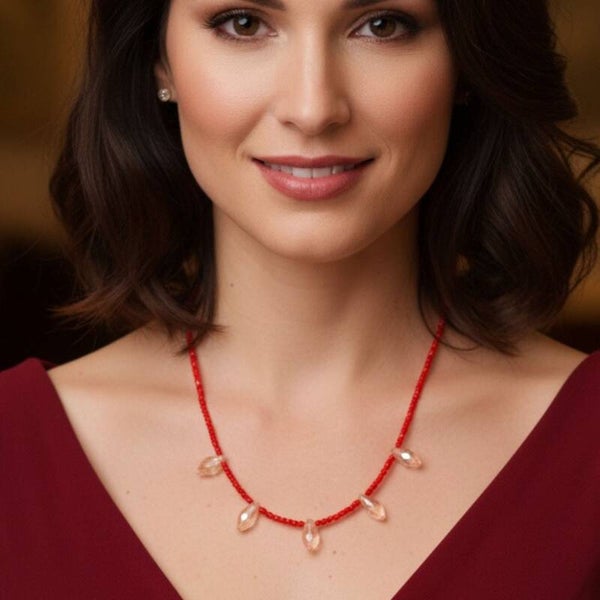 Rose Sunset – Red Glass Bead Necklace with Amber Drops