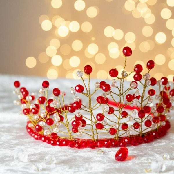 Handcrafted Red Crystal Bridal Crown with Gold Wire – Golden Blossom