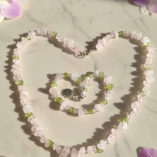 Soul’s Blossom – Handmade Rose Quartz & Peridot Gemstone Necklace