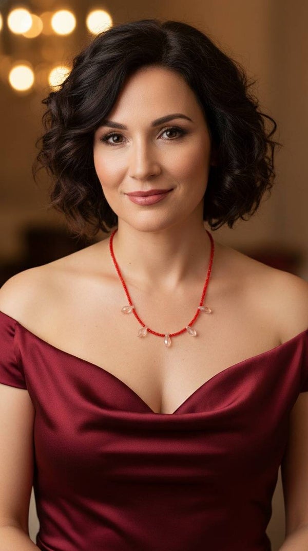 Rose Sunset – Handmade Necklace with Red & Amber Glass Beads          ChatGPT fragen