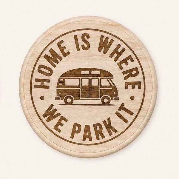 Borrelplank rond 23cm HOME IS WHERE WE PARK IT