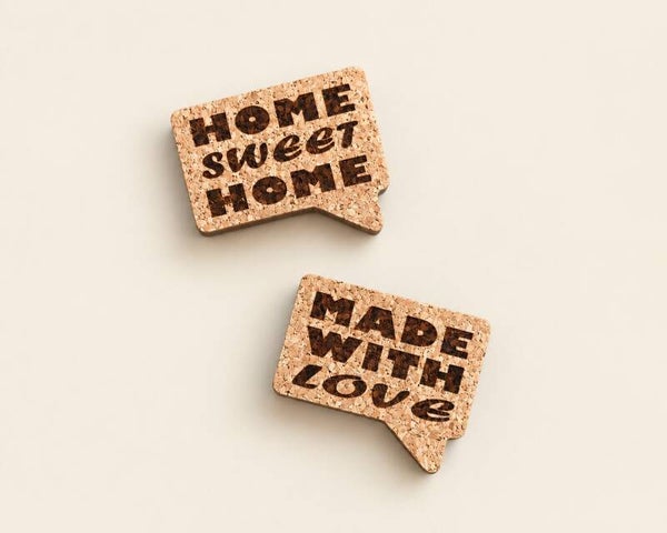 Magneten kurk tekstballon - HOME SWEET HOME & MADE WITH LOVE