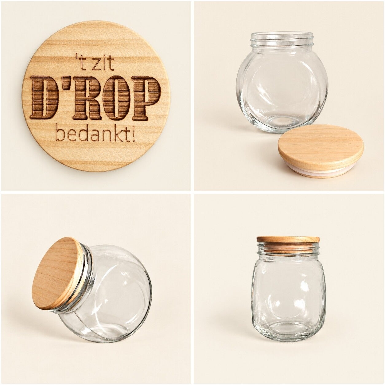 Glazen snoeppot met houten deksel - 't zit d'rop