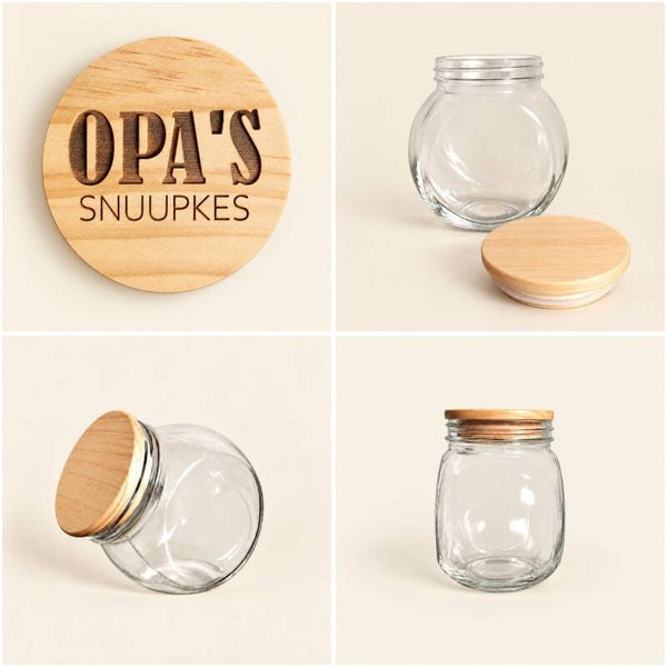 Glazen snoeppot met houten deksel - opa's snuupkes