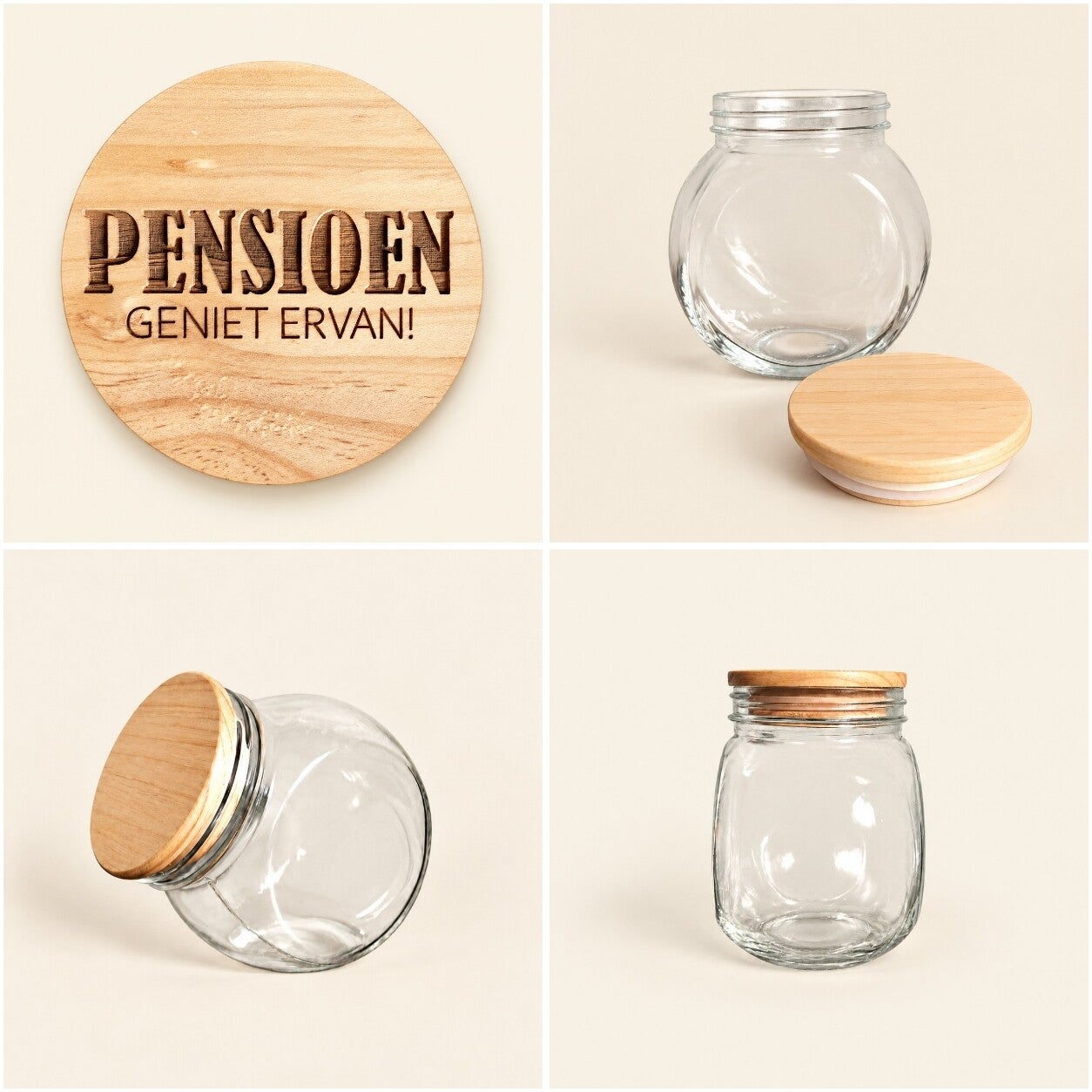 Glazen snoeppot met houten deksel - pensioen geniet ervan!