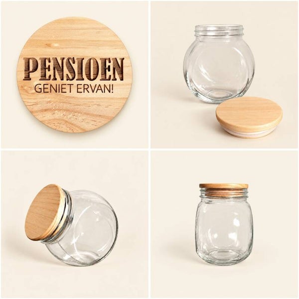 Glazen snoeppot met houten deksel - pensioen geniet ervan!