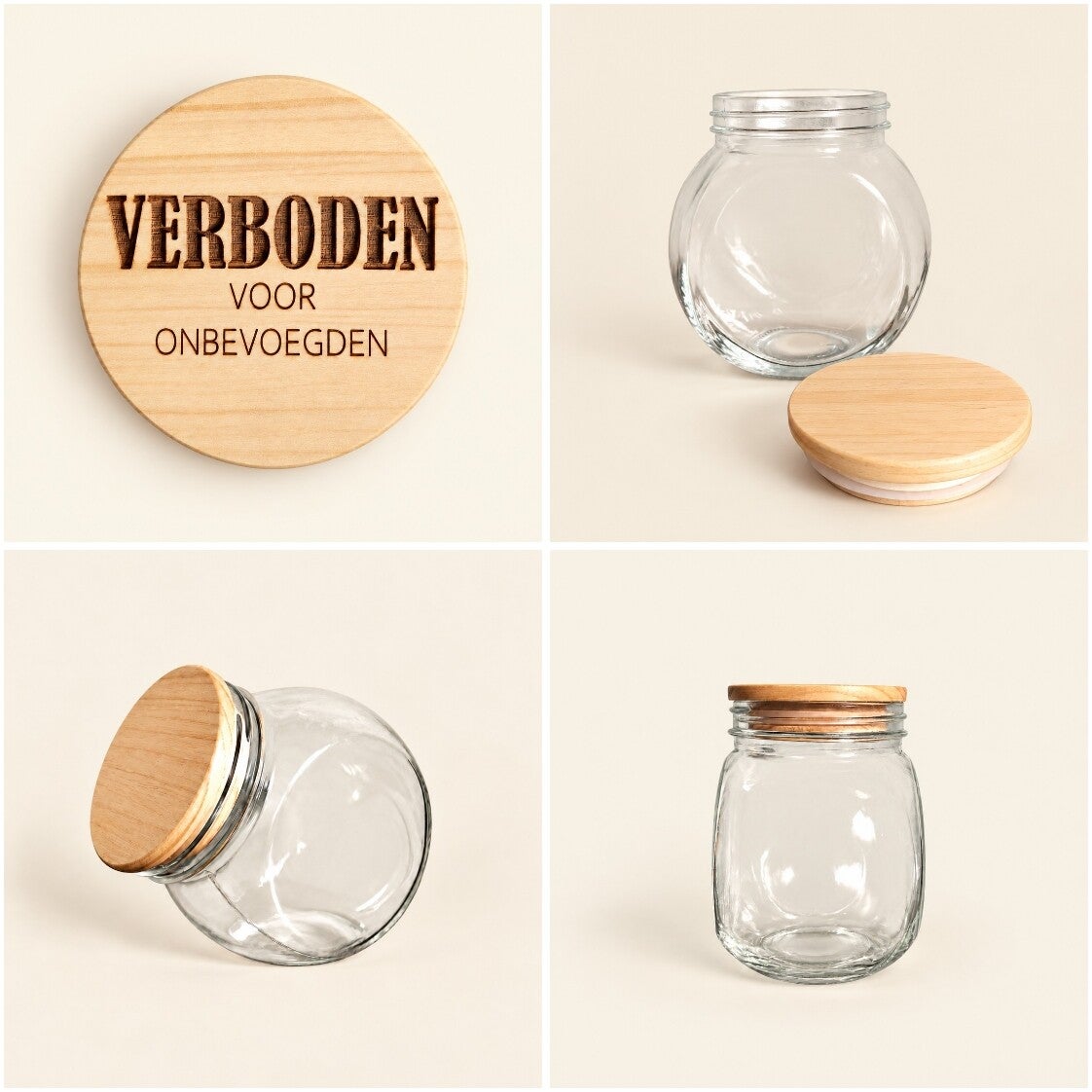 Glazen snoeppot met houten deksel - verboden voor onbevoegden
