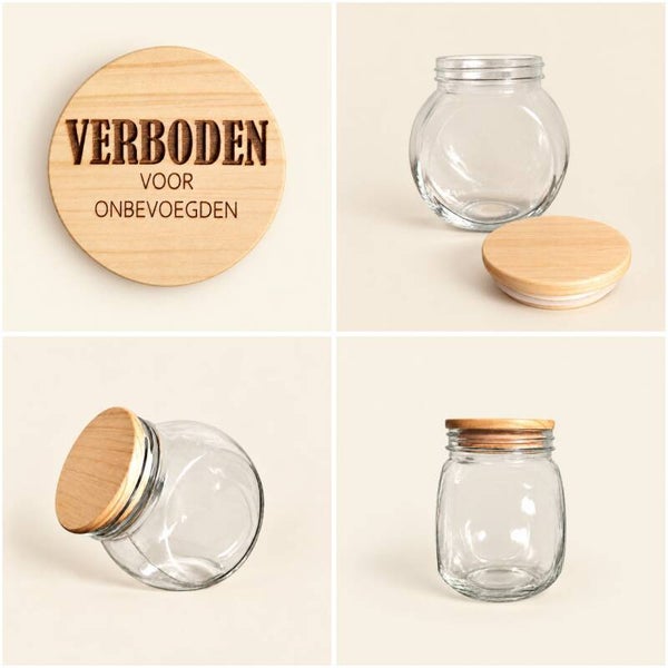 Glazen snoeppot met houten deksel - verboden voor onbevoegden
