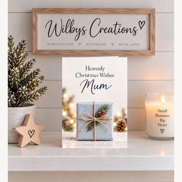 Christmas Card for Mum in Heaven – Wrapped Gift and Pine Sprig