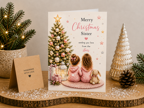 Merry Christmas Sister Card – Sisters beside a Christmas Tree