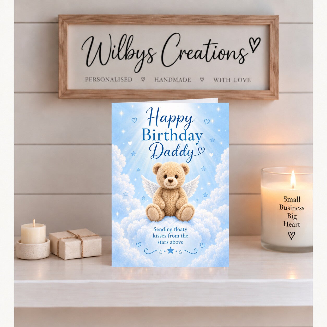 Birthday Card for Daddy – Teddy Sending Floaty Kisses from the Stars