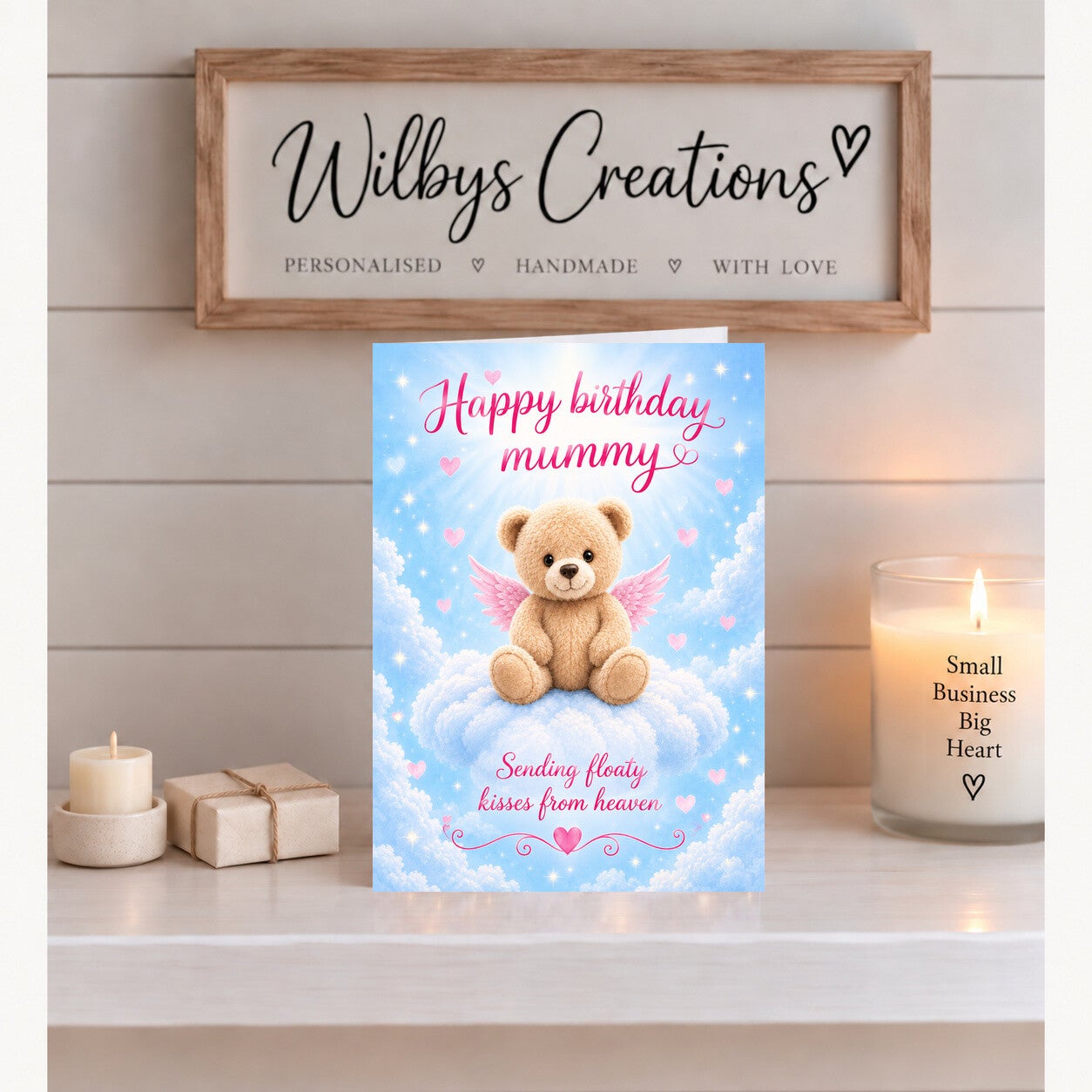 Birthday Card for Mummy – Teddy Sending Floaty Kisses from Heaven
