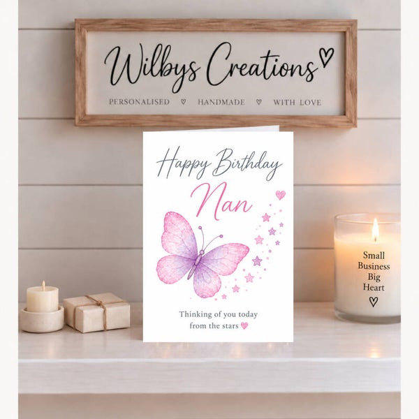 Birthday Card for Nan from a Grandchild in Heaven – Pink Butterfly